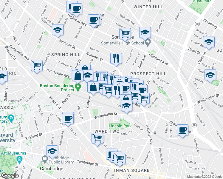 map of restaurants, bars, coffee shops, grocery stores, and more near 431 Somerville Avenue in Somerville