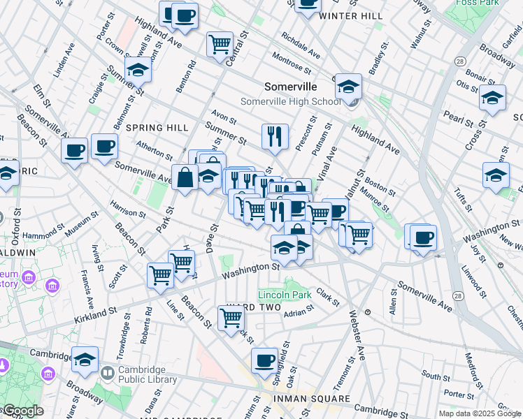 map of restaurants, bars, coffee shops, grocery stores, and more near in Somerville