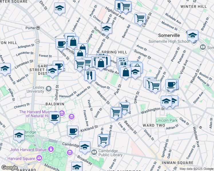 map of restaurants, bars, coffee shops, grocery stores, and more near 8 Garden Court in Somerville