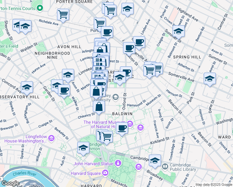 map of restaurants, bars, coffee shops, grocery stores, and more near 16 Sacramento Street in Cambridge