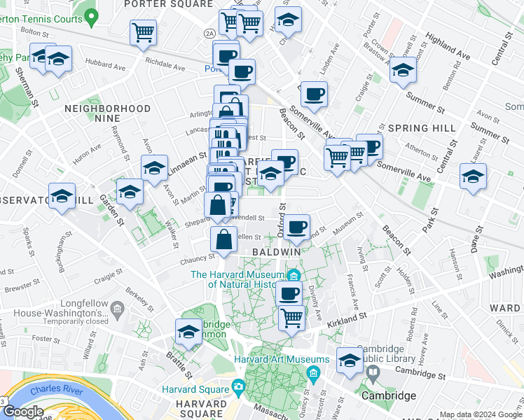 map of restaurants, bars, coffee shops, grocery stores, and more near 16 Sacramento Street in Cambridge