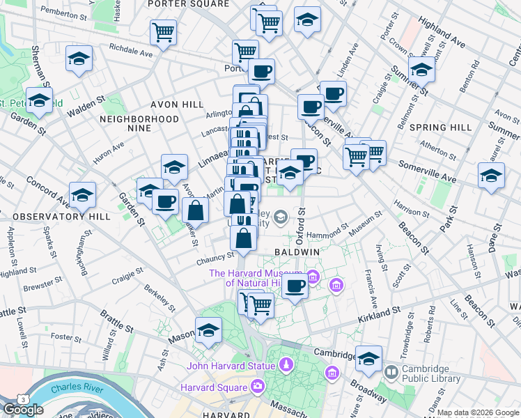 map of restaurants, bars, coffee shops, grocery stores, and more near 1679 Massachusetts Avenue in Cambridge