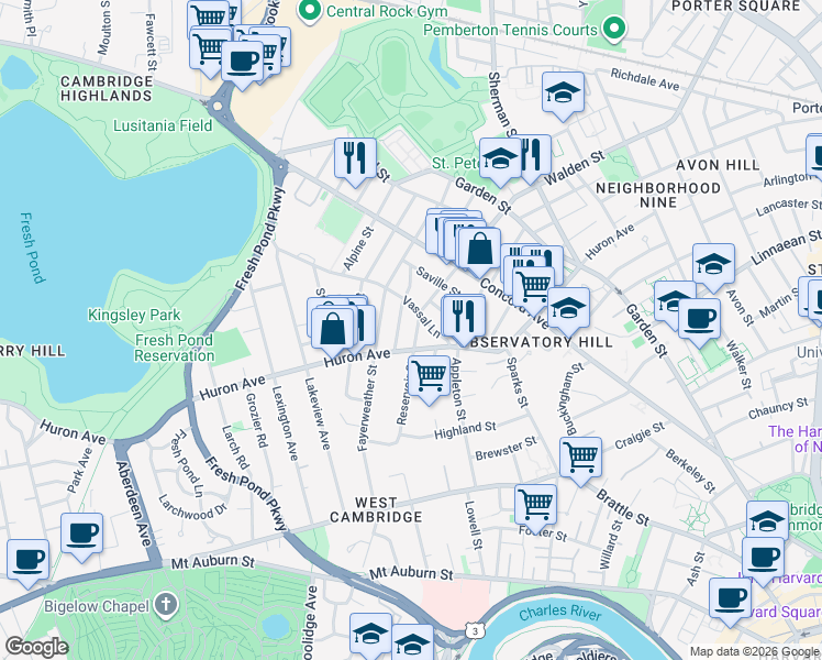 map of restaurants, bars, coffee shops, grocery stores, and more near 30 Granville Road in Cambridge