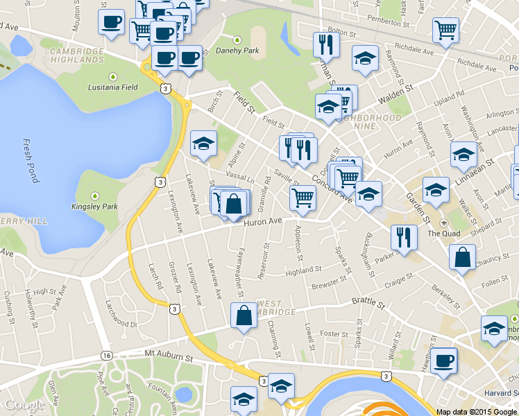 map of restaurants, bars, coffee shops, grocery stores, and more near 30 Granville Road in Cambridge