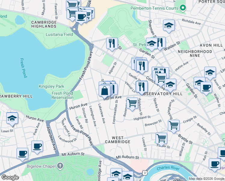 map of restaurants, bars, coffee shops, grocery stores, and more near 101 Fayerweather Street in Cambridge