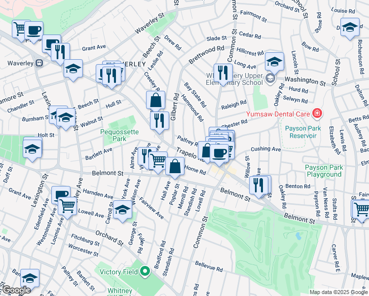 map of restaurants, bars, coffee shops, grocery stores, and more near 1 Winslow Road in Belmont