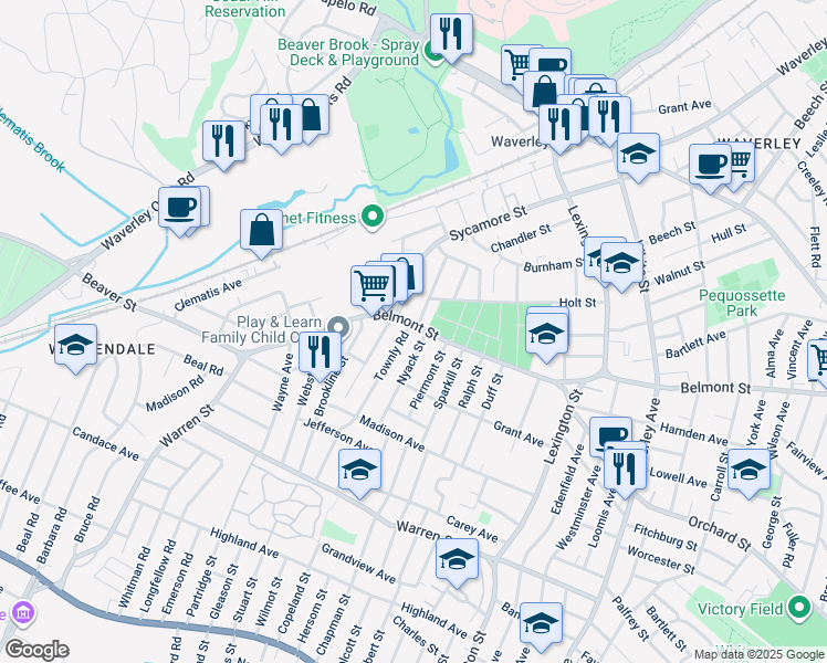 map of restaurants, bars, coffee shops, grocery stores, and more near 15 Harrington Street in Watertown
