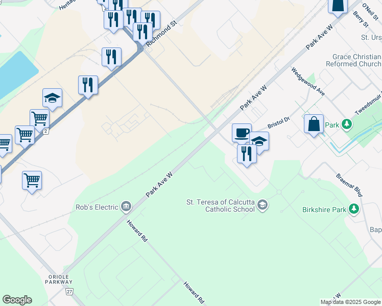 map of restaurants, bars, coffee shops, grocery stores, and more near 683 Park Avenue West in Chatham