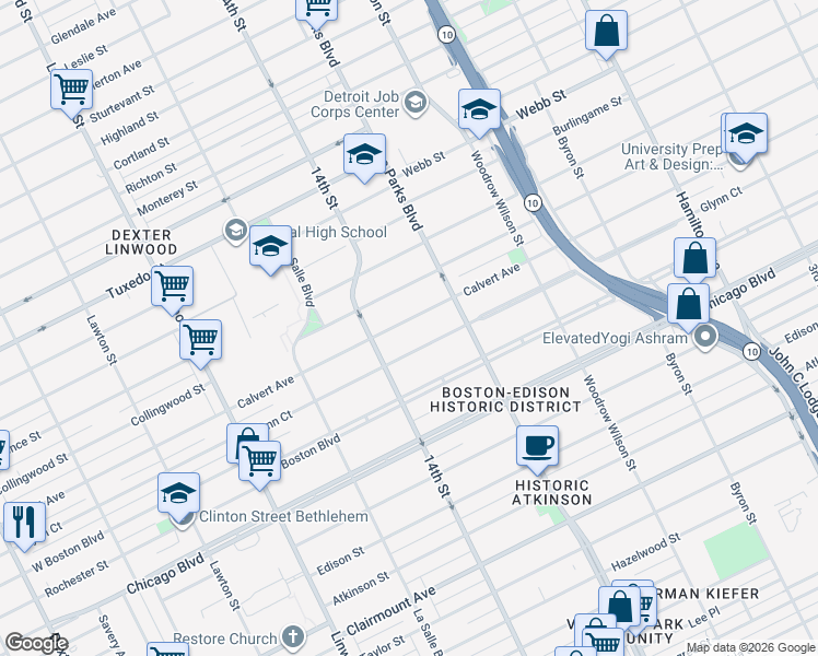 map of restaurants, bars, coffee shops, grocery stores, and more near 2012 Calvert Avenue in Detroit