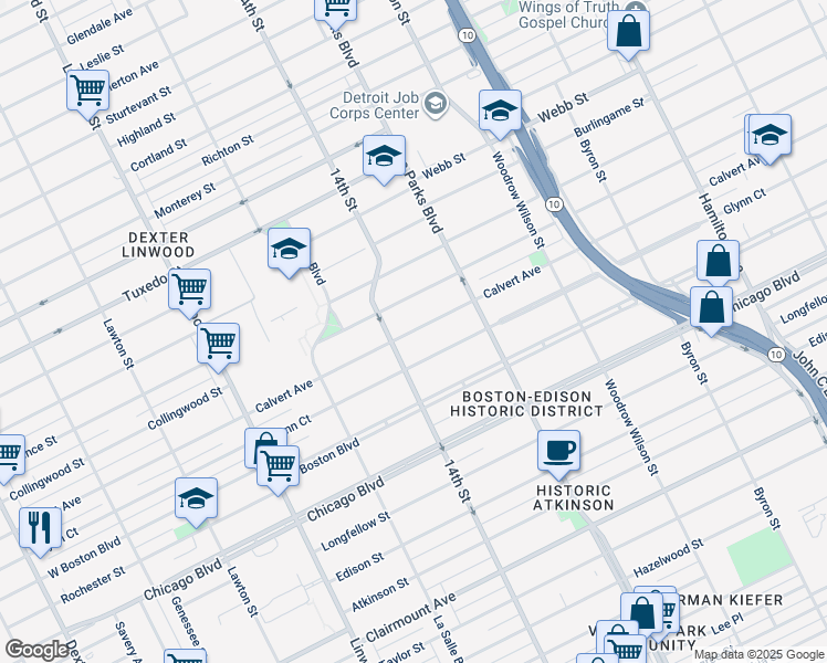 map of restaurants, bars, coffee shops, grocery stores, and more near 2012 Calvert Avenue in Detroit