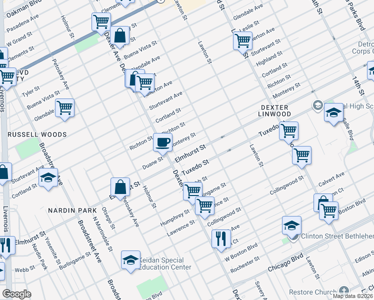 map of restaurants, bars, coffee shops, grocery stores, and more near 3307 Monterey Street in Detroit