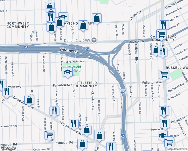 map of restaurants, bars, coffee shops, grocery stores, and more near 12709 Roselawn Street in Detroit