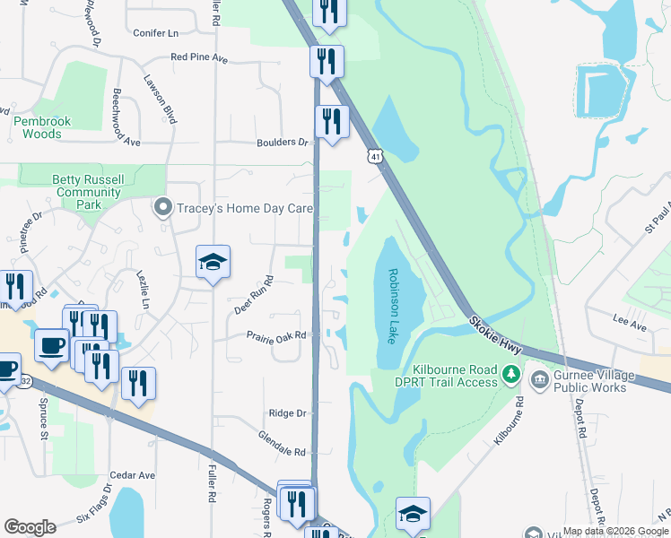 map of restaurants, bars, coffee shops, grocery stores, and more near 1537 Queen Ann Lane in Gurnee