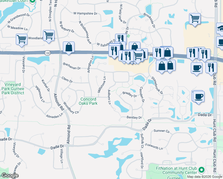 map of restaurants, bars, coffee shops, grocery stores, and more near 1549 Auburn Lane in Gurnee