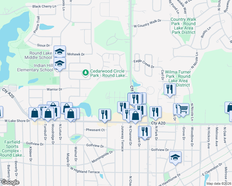 map of restaurants, bars, coffee shops, grocery stores, and more near 442 Meadow Green Lane in Round Lake Beach