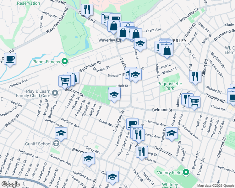 map of restaurants, bars, coffee shops, grocery stores, and more near 62 Knowles Road in Belmont