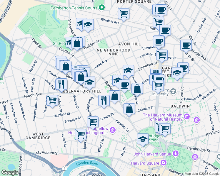 map of restaurants, bars, coffee shops, grocery stores, and more near 66 Garden Street in Cambridge