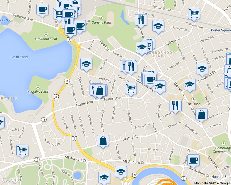 map of restaurants, bars, coffee shops, grocery stores, and more near 30 Granville Road in Cambridge