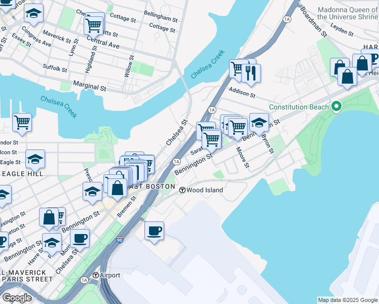 map of restaurants, bars, coffee shops, grocery stores, and more near 632 Saratoga Street in Boston
