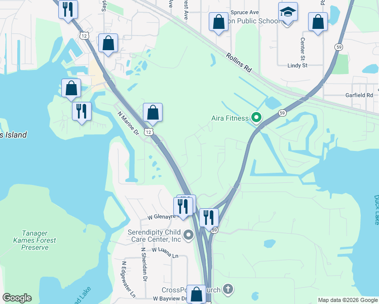 map of restaurants, bars, coffee shops, grocery stores, and more near 603 Foxridge Drive in Fox Lake