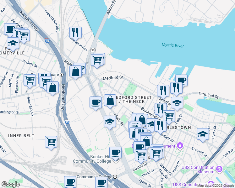 map of restaurants, bars, coffee shops, grocery stores, and more near 380 Bunker Hill Street in Boston