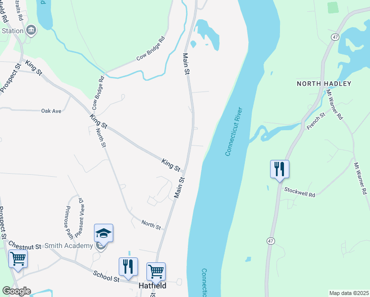map of restaurants, bars, coffee shops, grocery stores, and more near 131 Main Street in Hatfield