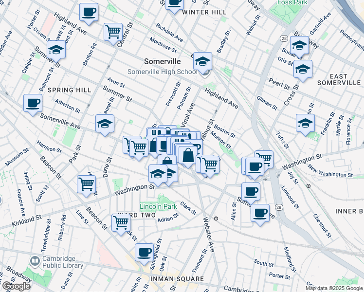 map of restaurants, bars, coffee shops, grocery stores, and more near 20 Summer Street in Somerville