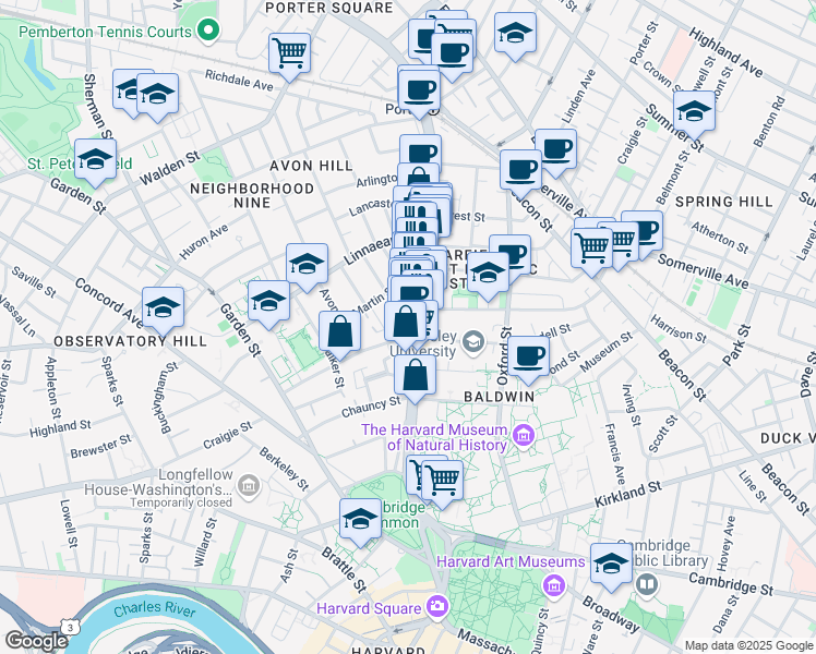 map of restaurants, bars, coffee shops, grocery stores, and more near 1679 Massachusetts Avenue in Cambridge