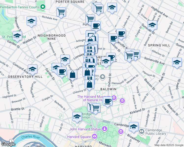 map of restaurants, bars, coffee shops, grocery stores, and more near 1667 Massachusetts Avenue in Cambridge