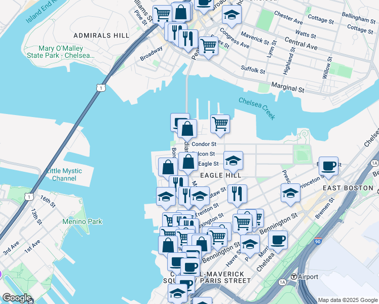 map of restaurants, bars, coffee shops, grocery stores, and more near 451 Meridian Street in Boston
