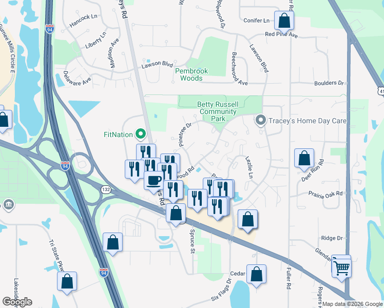 map of restaurants, bars, coffee shops, grocery stores, and more near 5396 Virginia Court in Gurnee