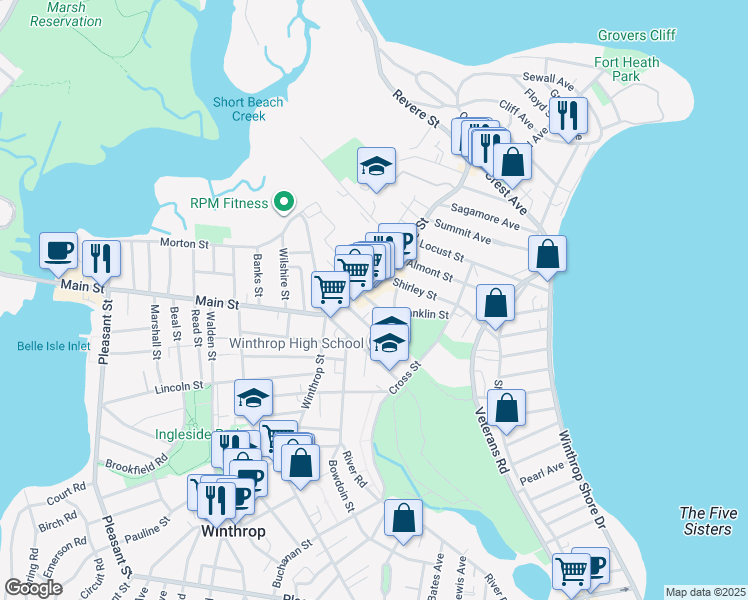 map of restaurants, bars, coffee shops, grocery stores, and more near 65 Revere Street in Winthrop