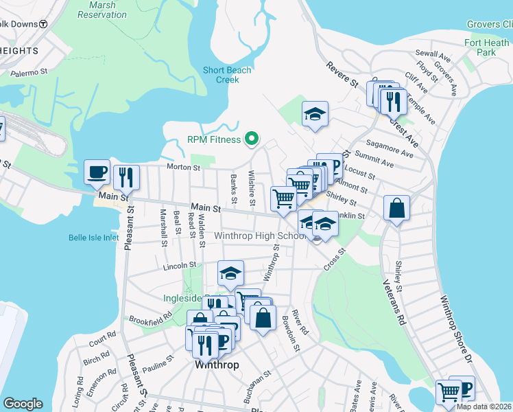 map of restaurants, bars, coffee shops, grocery stores, and more near 24 Wilshire Street in Winthrop
