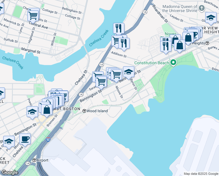 map of restaurants, bars, coffee shops, grocery stores, and more near 550 Bennington Street in Boston