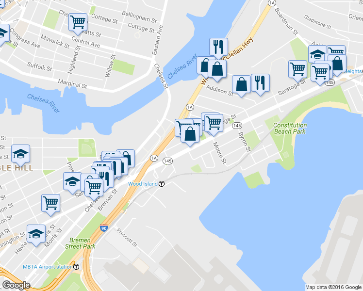 map of restaurants, bars, coffee shops, grocery stores, and more near 665 Saratoga Street in Boston