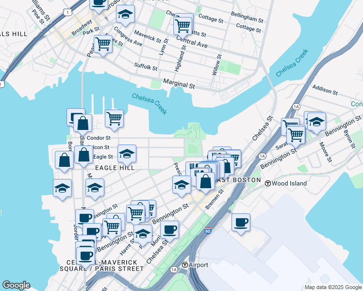 map of restaurants, bars, coffee shops, grocery stores, and more near 255 Condor Street in Boston