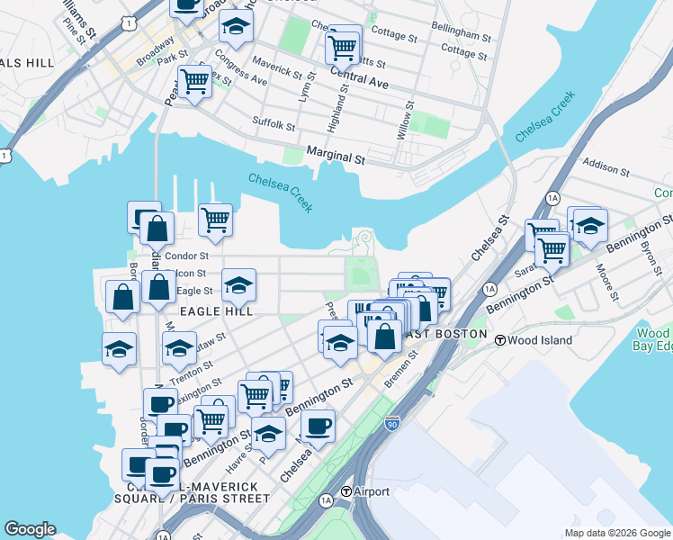 map of restaurants, bars, coffee shops, grocery stores, and more near 257 Condor Street in Boston