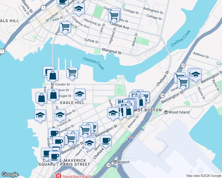 map of restaurants, bars, coffee shops, grocery stores, and more near 257 Condor Street in Boston