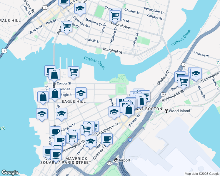 map of restaurants, bars, coffee shops, grocery stores, and more near 255 Condor Street in Boston