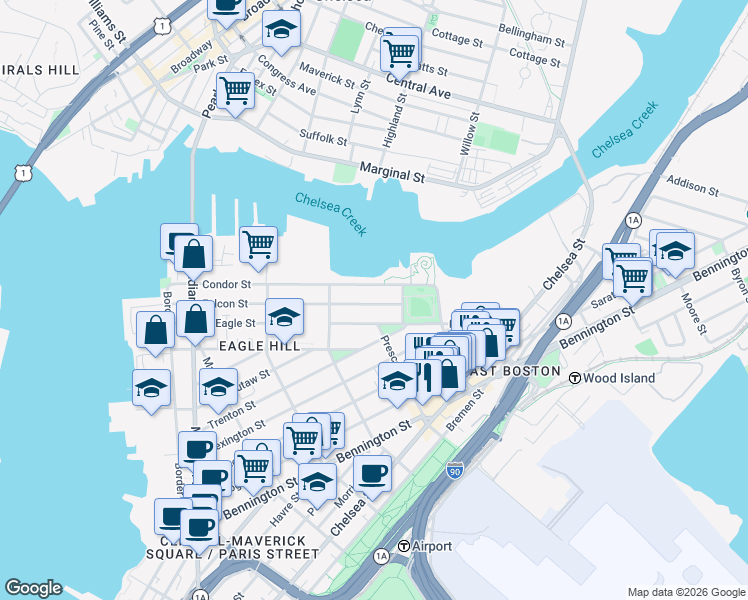 map of restaurants, bars, coffee shops, grocery stores, and more near 257 Condor Street in Boston