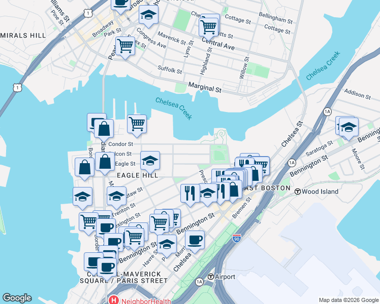 map of restaurants, bars, coffee shops, grocery stores, and more near 213 Condor Street in Boston