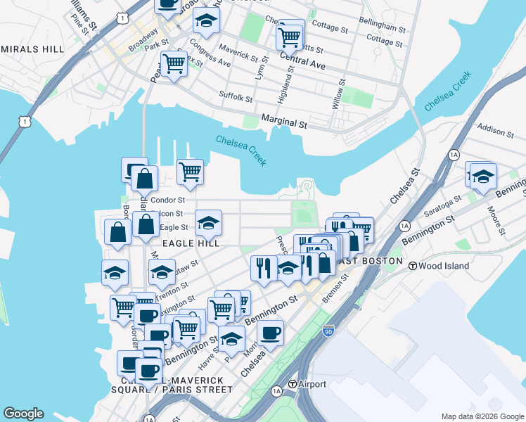 map of restaurants, bars, coffee shops, grocery stores, and more near 213 Condor Street in Boston