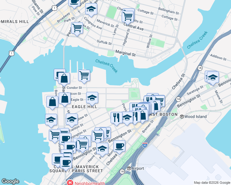 map of restaurants, bars, coffee shops, grocery stores, and more near 213 Condor Street in Boston