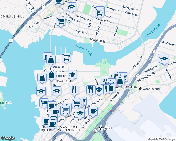 map of restaurants, bars, coffee shops, grocery stores, and more near 213 Condor Street in Boston