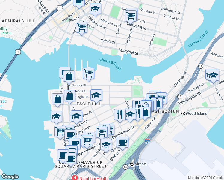 map of restaurants, bars, coffee shops, grocery stores, and more near 213 Condor Street in Boston