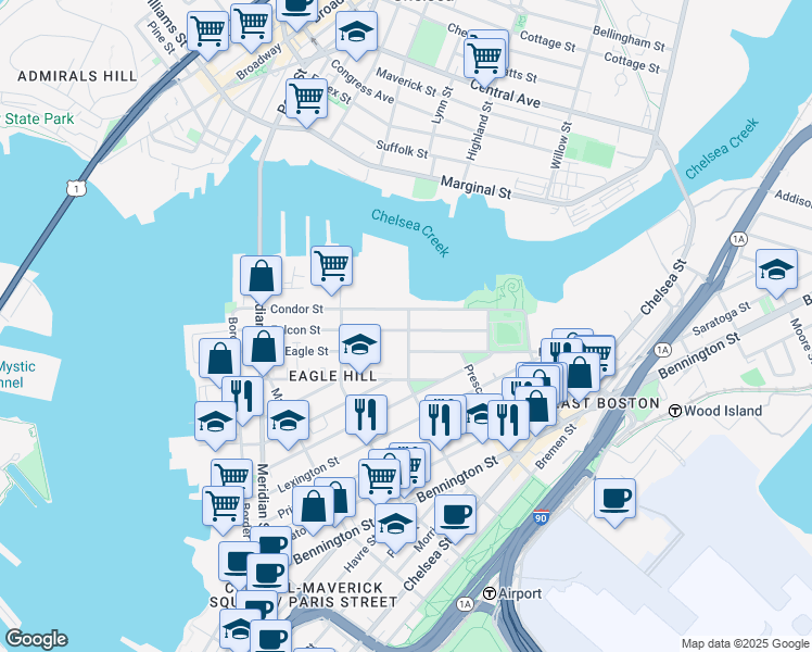 map of restaurants, bars, coffee shops, grocery stores, and more near 167-169 Condor Street in Boston