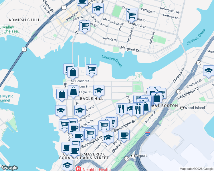 map of restaurants, bars, coffee shops, grocery stores, and more near 167-169 Condor Street in Boston