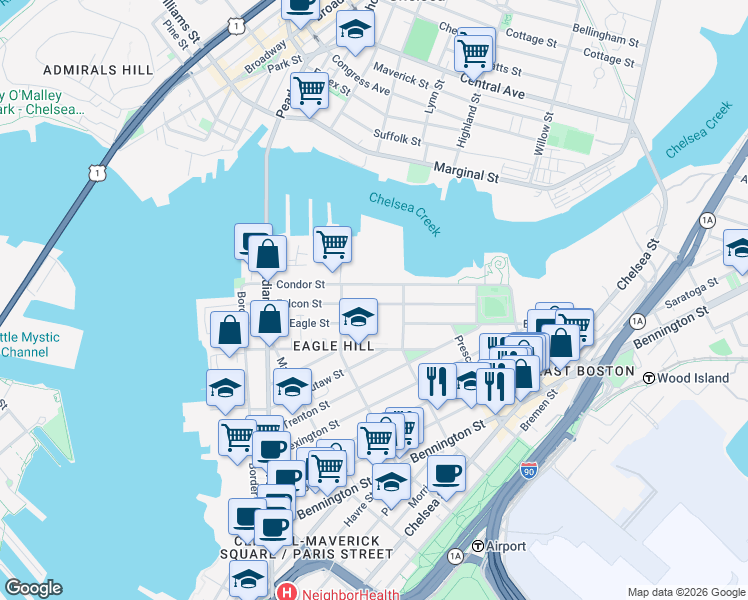 map of restaurants, bars, coffee shops, grocery stores, and more near 167-169 Condor Street in Boston