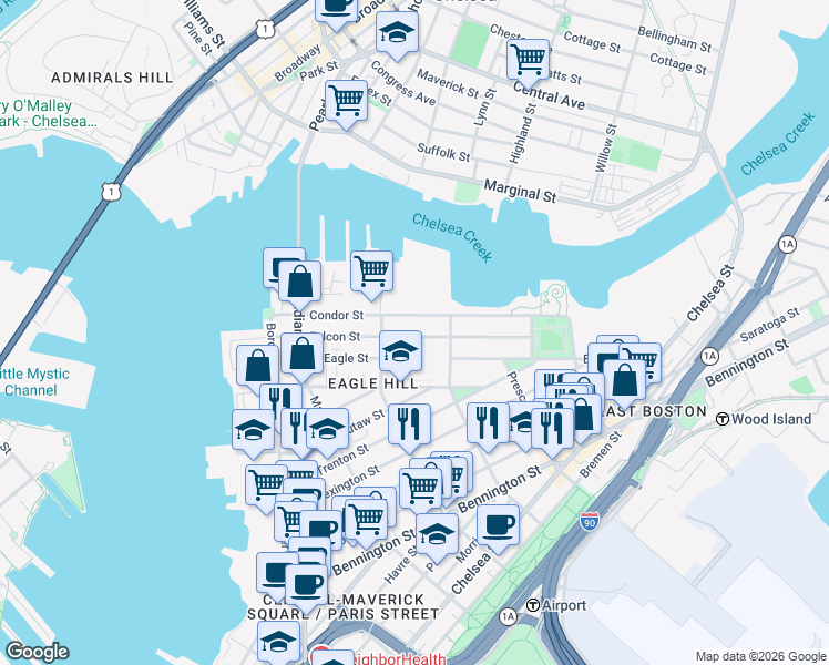 map of restaurants, bars, coffee shops, grocery stores, and more near 129 Condor Street in Boston