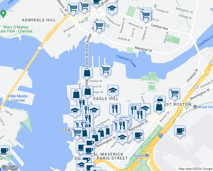 map of restaurants, bars, coffee shops, grocery stores, and more near 87 Condor Street in Boston